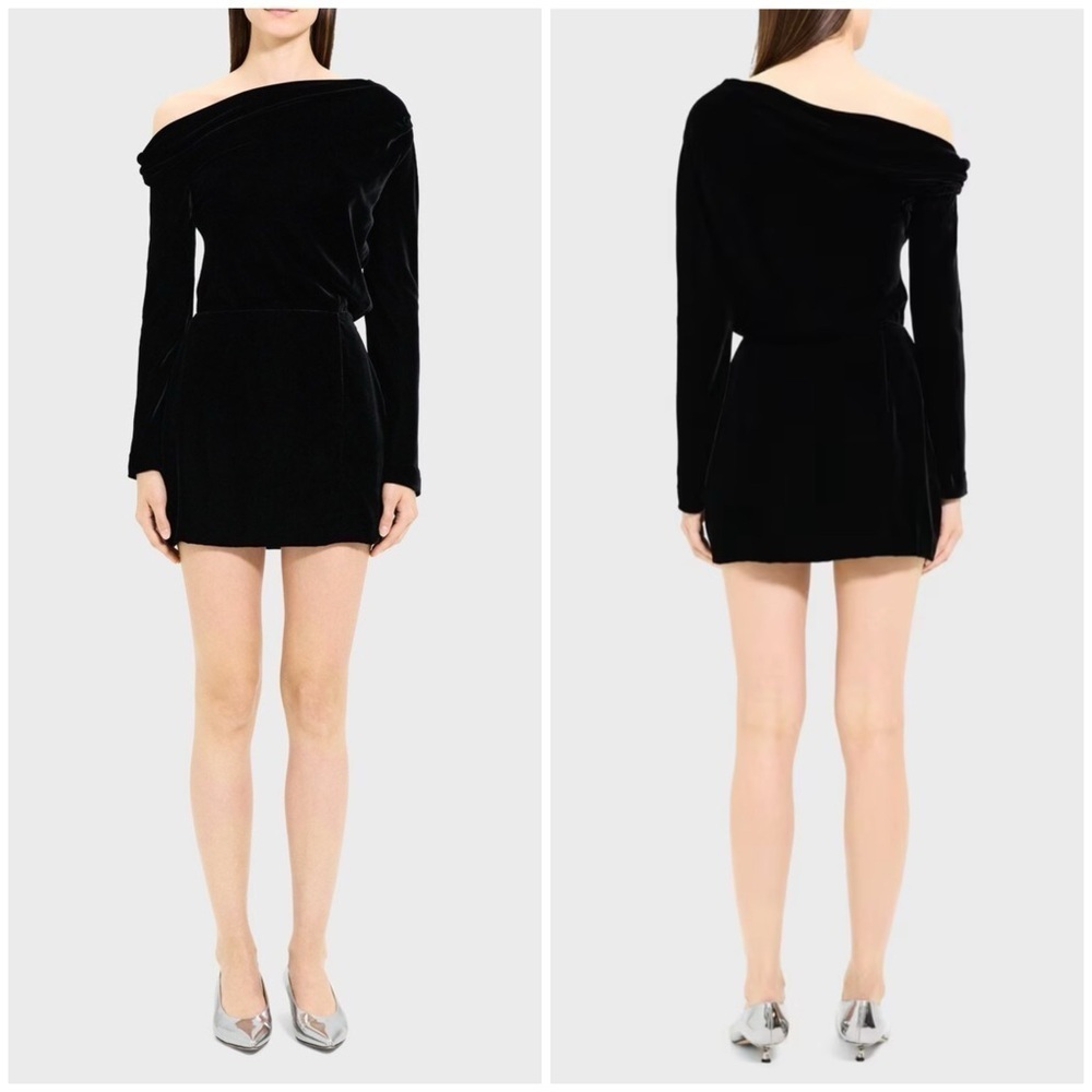New Theory Asymmetrical Mini Dress in Stretch Velvet Black Off Shoulder Drape 8